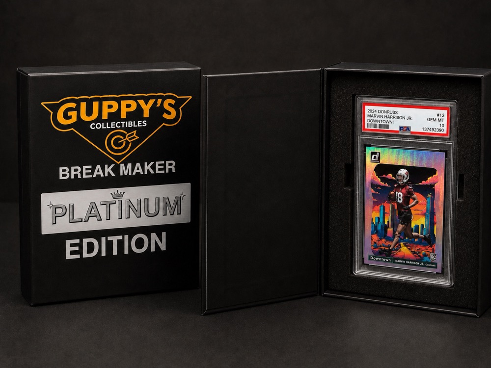 Open Break Maker Platinum Edition box with a graded Marvin Harrison Jr. card inside